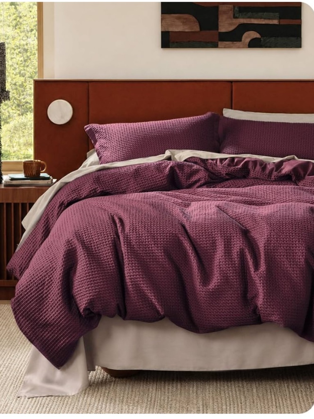 NWT Bedsure PureWoven 3 Pieces Cotton Waffle Duvet Cover Set in Burgundy - Queen